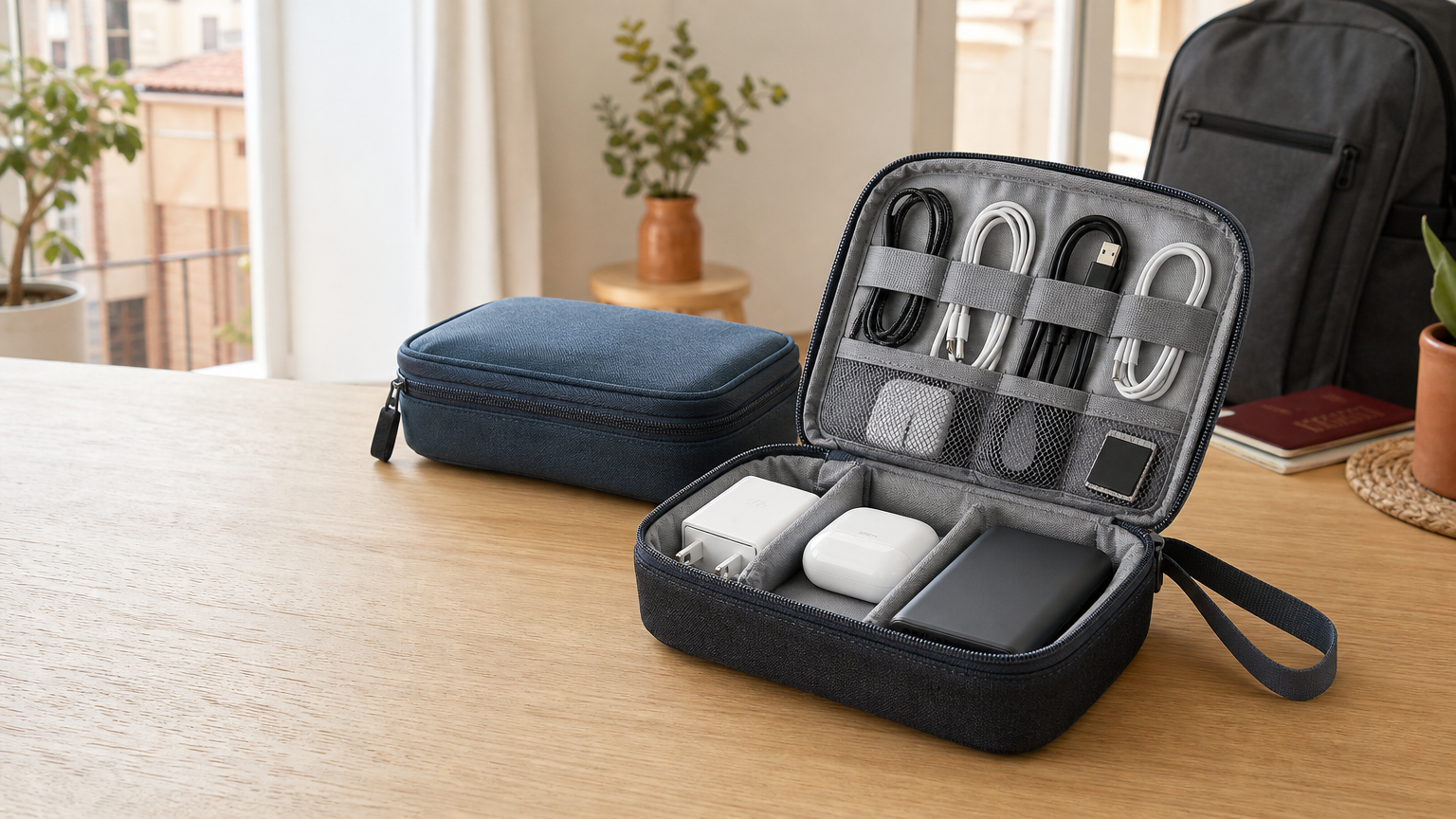 Organizador de cables de viaje abierto con cargadores y accesorios pequeños sobre una mesa