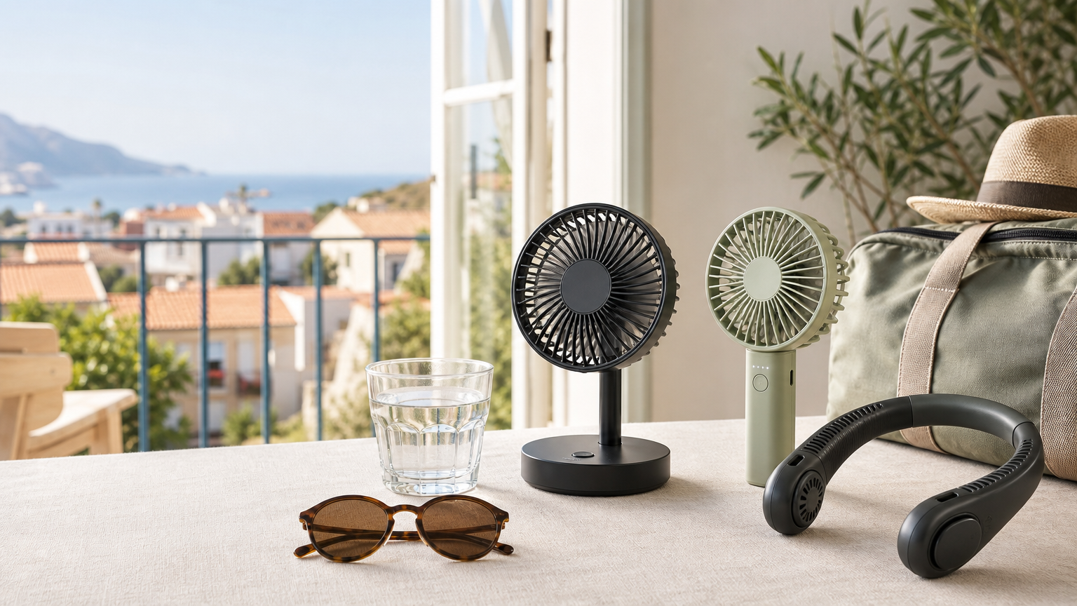 Ventiladores portátiles recargables para verano sobre una mesa