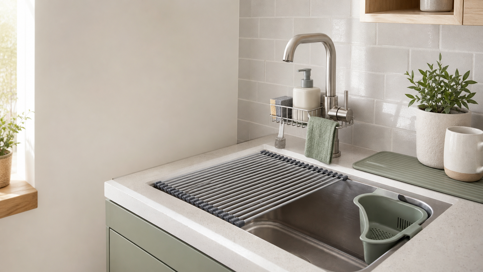 Fregadero de cocina pequeña con escurridor enrollable, soporte de grifo y accesorios ordenados